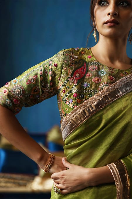 Shop Begum Green Brocade, Silk Embroidery, Gota Patti, Sharbat Woven Saree With Blouse Online at Aza Fashions Shop_Begum_Green Brocade, Silk Embroidery, Gota Patti, Sharbat Woven Saree With Blouse _Online_at_Aza_Fashions
