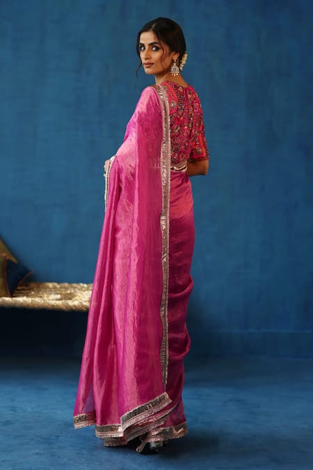 Shop_Begum_Pink Silk, Brocade Gota Patti, Sharbat Border Embellished Saree With Blouse _at_Aza_Fashions
