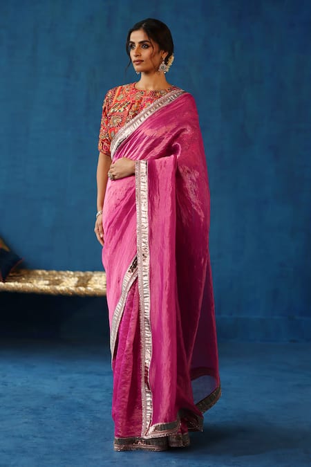 Begum_Pink Silk, Brocade Gota Patti, Sharbat Border Embellished Saree With Blouse _Online_at_Aza_Fashions