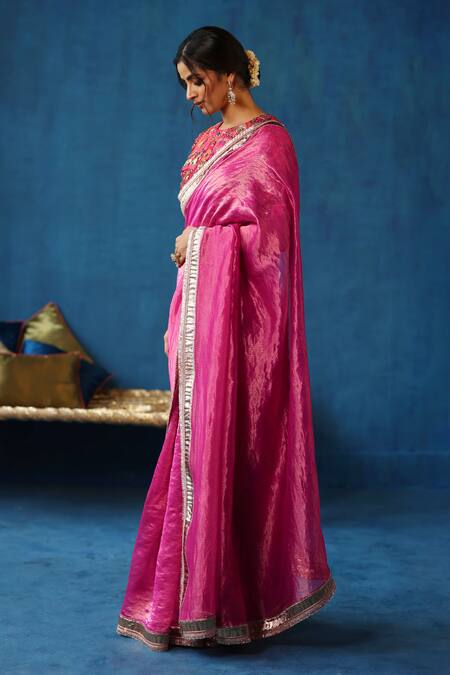 Buy_Begum_Pink Silk, Brocade Gota Patti, Sharbat Border Embellished Saree With Blouse _Online_at_Aza_Fashions