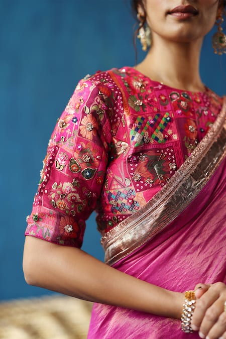 Shop_Begum_Pink Silk, Brocade Gota Patti, Sharbat Border Embellished Saree With Blouse _Online_at_Aza_Fashions