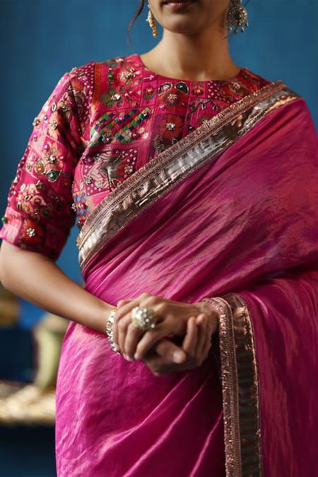 Begum_Pink Silk, Brocade Gota Patti, Sharbat Border Embellished Saree With Blouse _at_Aza_Fashions