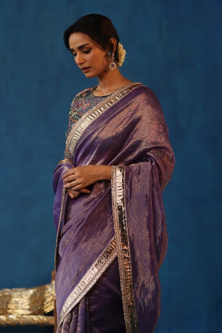 Begum Purple Silk, Brocade Gota Patti, Sharbat Border Embellished Saree With Blouse Online at Aza Fashions Begum_Purple Silk, Brocade Gota Patti, Sharbat Border Embellished Saree With Blouse _Online_at_Aza_Fashions