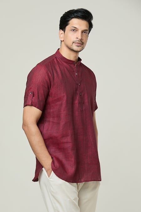 Arihant Rai Sinha_Maroon Linen Solid Short Kurta_Online_at_Aza_Fashions