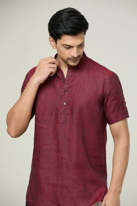 Buy_Arihant Rai Sinha_Maroon Linen Solid Short Kurta_Online_at_Aza_Fashions