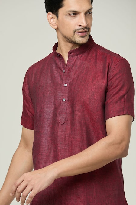 Shop_Arihant Rai Sinha_Maroon Linen Solid Short Kurta_Online_at_Aza_Fashions
