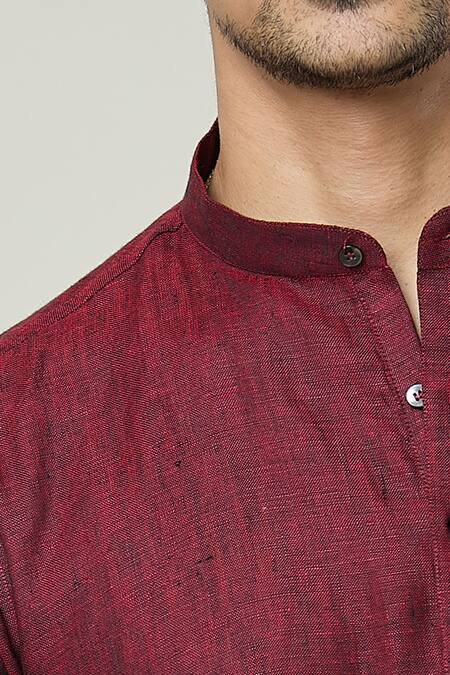 Arihant Rai Sinha_Maroon Linen Solid Short Kurta_at_Aza_Fashions
