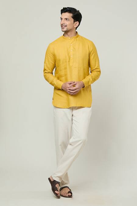 Arihant Rai Sinha_Yellow Linen Plain Kurta _Online_at_Aza_Fashions