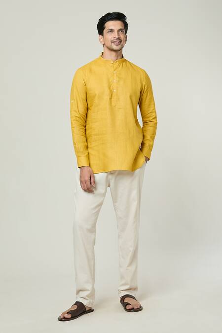 Buy_Arihant Rai Sinha_Yellow Linen Plain Kurta _Online_at_Aza_Fashions