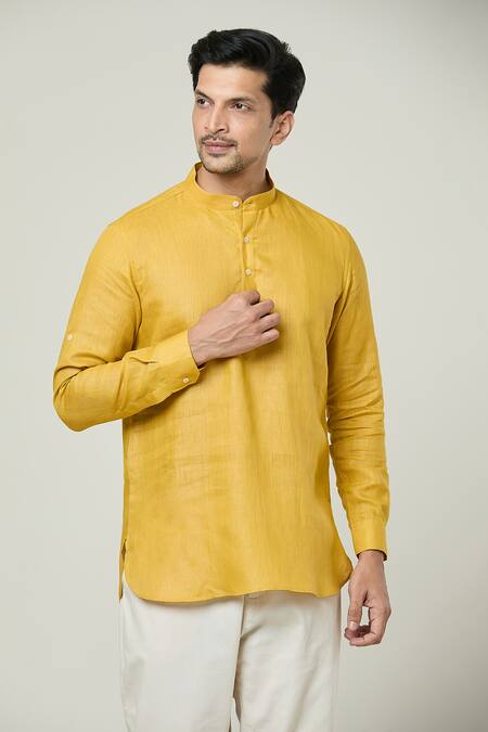 Shop_Arihant Rai Sinha_Yellow Linen Plain Kurta _Online_at_Aza_Fashions