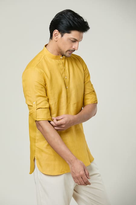 Arihant Rai Sinha_Yellow Linen Plain Kurta _at_Aza_Fashions
