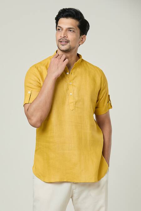 Buy_Arihant Rai Sinha_Yellow Linen Plain Short Kurta _Online_at_Aza_Fashions
