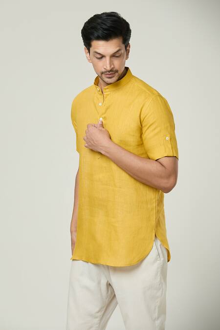 Shop_Arihant Rai Sinha_Yellow Linen Plain Short Kurta _Online_at_Aza_Fashions