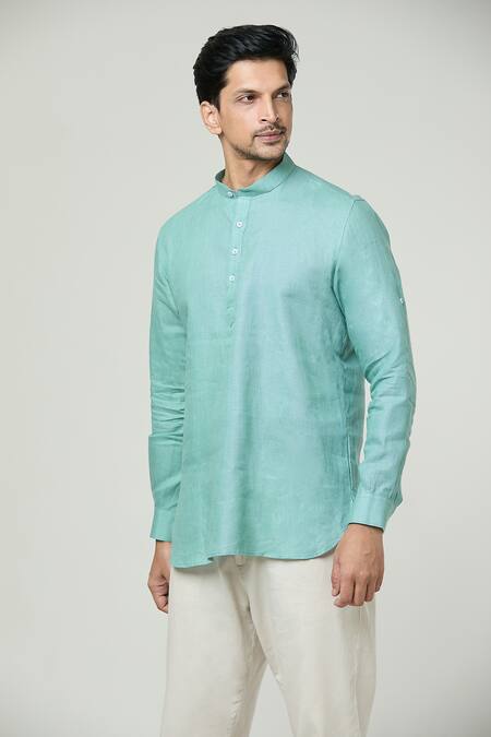 Arihant Rai Sinha_Blue Linen Full Sleeve Kurta _Online_at_Aza_Fashions