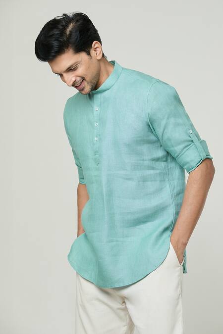Shop_Arihant Rai Sinha_Blue Linen Full Sleeve Kurta _Online_at_Aza_Fashions