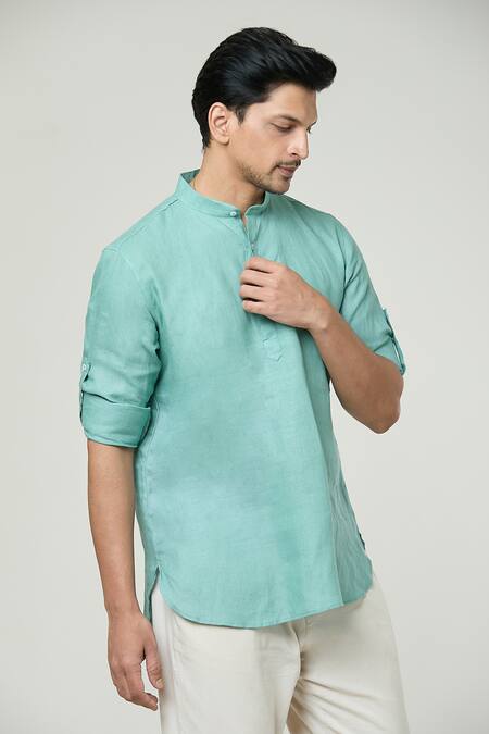 Arihant Rai Sinha_Blue Linen Full Sleeve Kurta _at_Aza_Fashions