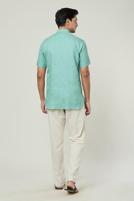 Shop_Arihant Rai Sinha_Blue Linen Full Sleeve Short Kurta _at_Aza_Fashions