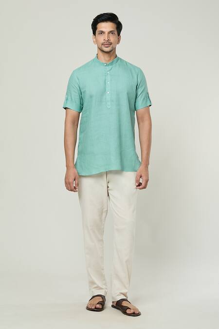 Arihant Rai Sinha_Blue Linen Full Sleeve Short Kurta _Online_at_Aza_Fashions