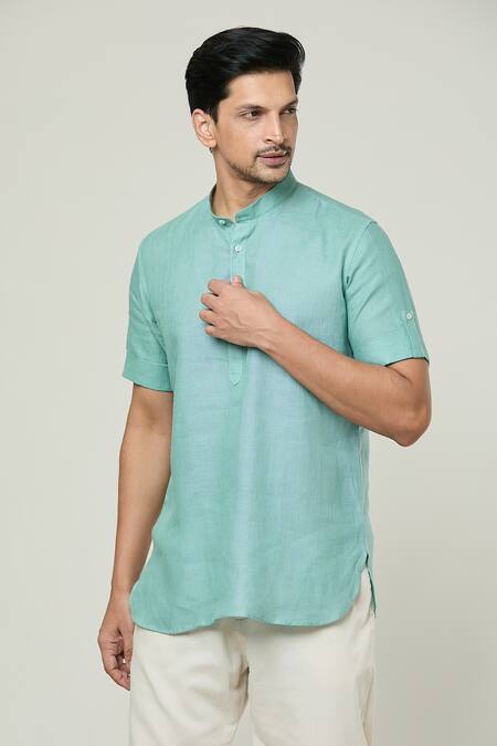 Buy_Arihant Rai Sinha_Blue Linen Full Sleeve Short Kurta _Online_at_Aza_Fashions