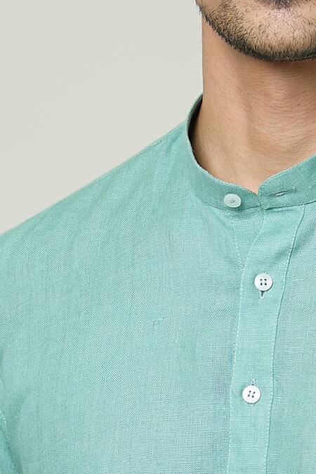 Shop_Arihant Rai Sinha_Blue Linen Full Sleeve Short Kurta _Online_at_Aza_Fashions