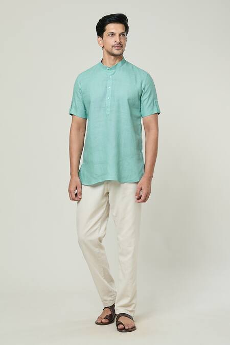 Arihant Rai Sinha_Blue Linen Full Sleeve Short Kurta _at_Aza_Fashions