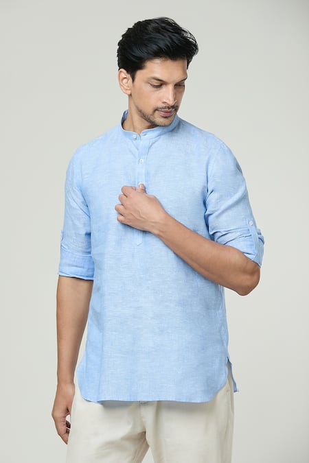 Arihant Rai Sinha_Blue Linen Solid Short Kurta _Online_at_Aza_Fashions