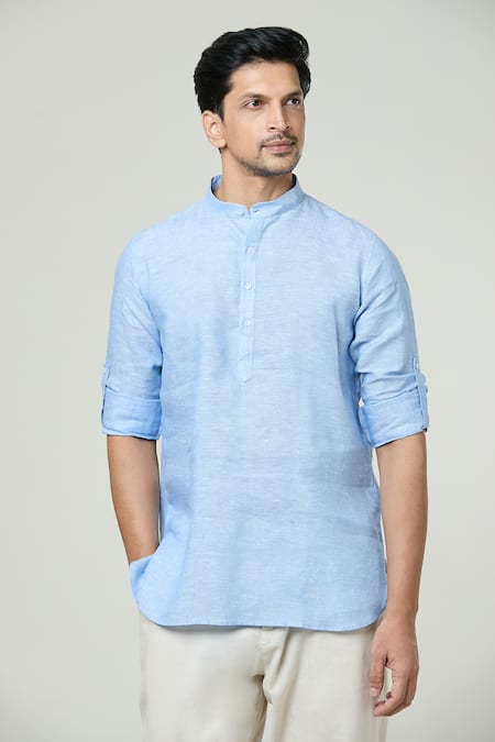 Buy_Arihant Rai Sinha_Blue Linen Solid Short Kurta _Online_at_Aza_Fashions