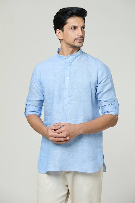 Shop_Arihant Rai Sinha_Blue Linen Solid Short Kurta _Online_at_Aza_Fashions