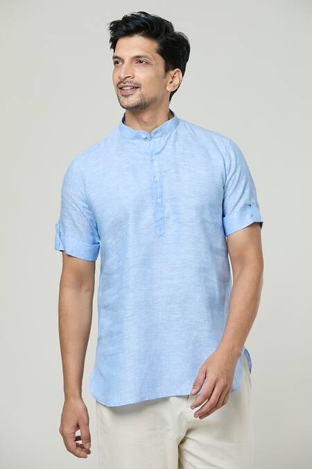 Buy_Arihant Rai Sinha_Blue Linen Plain Short Kurta _Online_at_Aza_Fashions