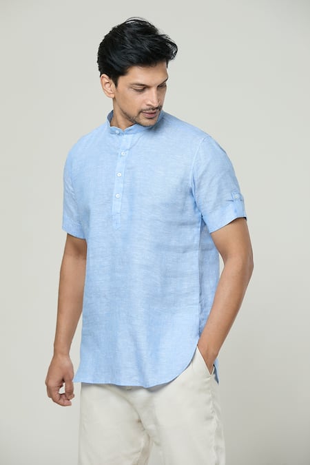 Shop_Arihant Rai Sinha_Blue Linen Plain Short Kurta _Online_at_Aza_Fashions