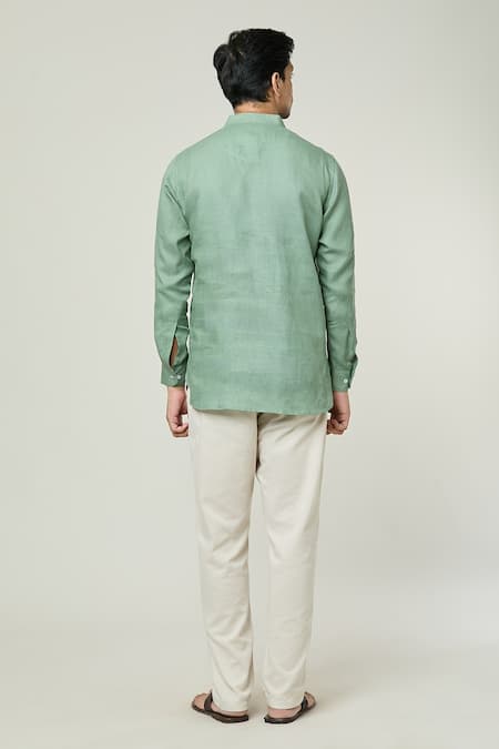 Shop_Arihant Rai Sinha_Green Linen Plain Full Sleeve Kurta _at_Aza_Fashions