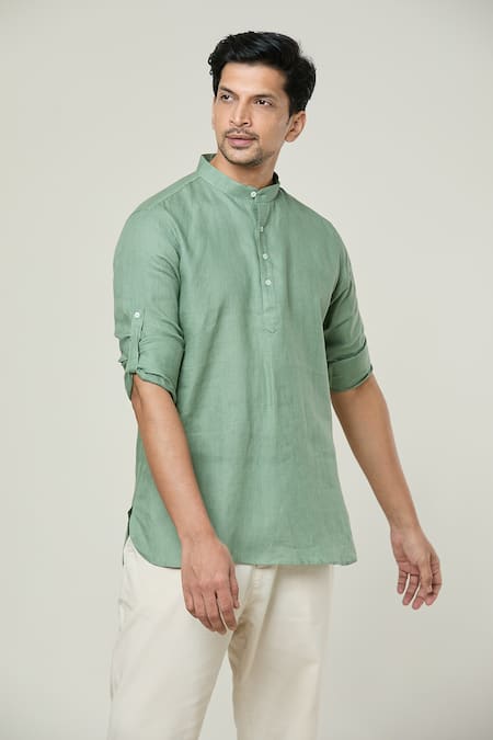Shop_Arihant Rai Sinha_Green Linen Plain Full Sleeve Kurta _Online_at_Aza_Fashions