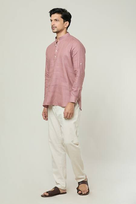 Arihant Rai Sinha_Pink Linen Plain Short Kurta _Online_at_Aza_Fashions