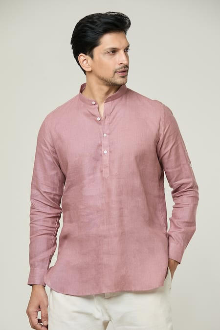 Buy_Arihant Rai Sinha_Pink Linen Plain Short Kurta _Online_at_Aza_Fashions