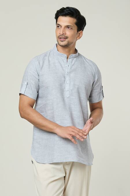 Arihant Rai Sinha_Grey Linen Solid Short Kurta _Online_at_Aza_Fashions