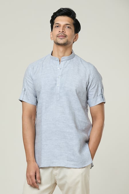 Buy_Arihant Rai Sinha_Grey Linen Solid Short Kurta _Online_at_Aza_Fashions