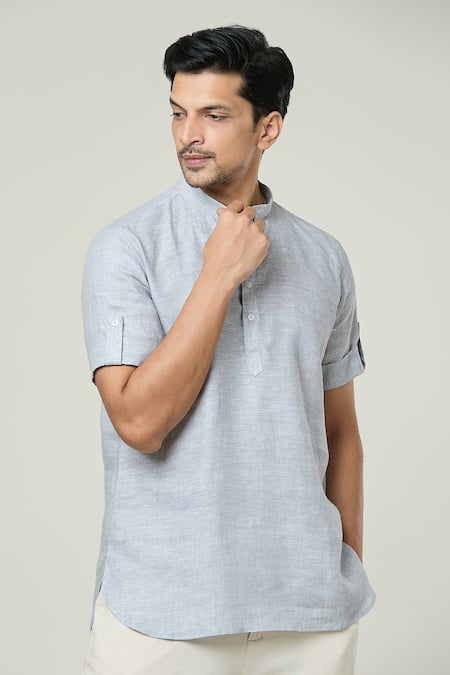 Shop_Arihant Rai Sinha_Grey Linen Solid Short Kurta _Online_at_Aza_Fashions