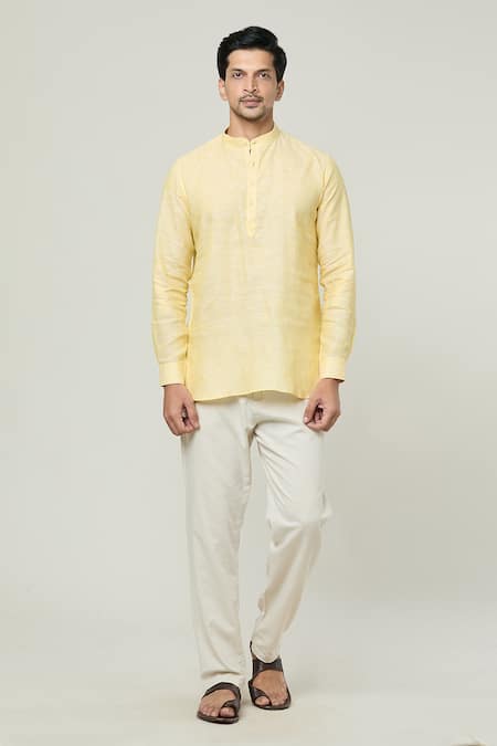 Arihant Rai Sinha Yellow Linen Mandarin Collar Kurta 