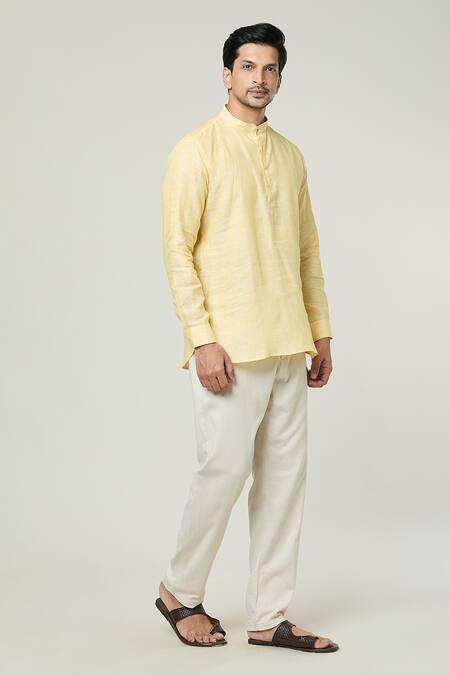 Arihant Rai Sinha_Yellow Linen Mandarin Collar Kurta _Online_at_Aza_Fashions