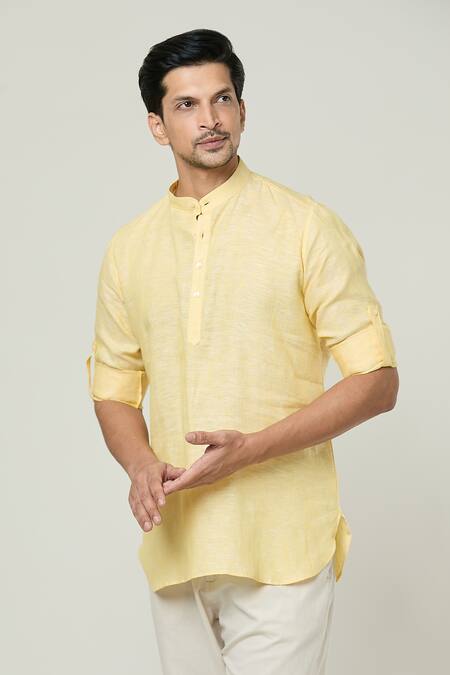 Buy_Arihant Rai Sinha_Yellow Linen Mandarin Collar Kurta _Online_at_Aza_Fashions