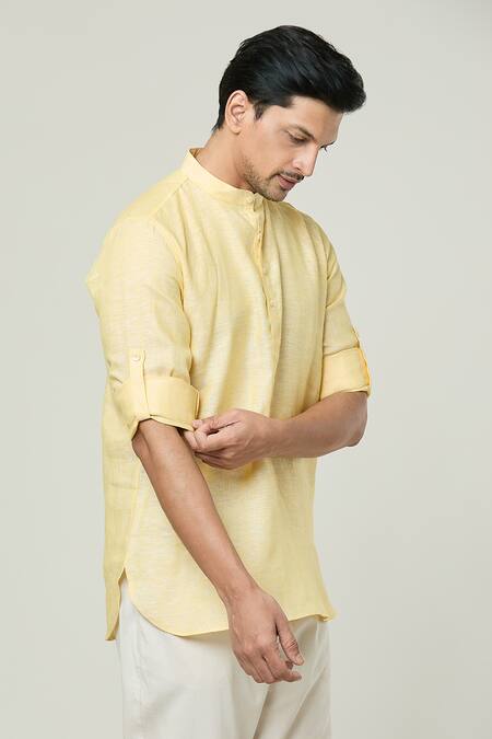 Shop_Arihant Rai Sinha_Yellow Linen Mandarin Collar Kurta _Online_at_Aza_Fashions