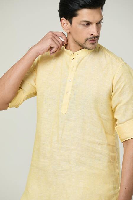 Arihant Rai Sinha_Yellow Linen Mandarin Collar Kurta _at_Aza_Fashions