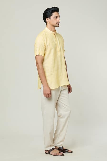 Arihant Rai Sinha_Yellow Linen Plain Kurta _Online_at_Aza_Fashions