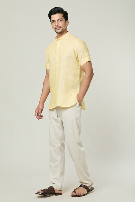 Buy_Arihant Rai Sinha_Yellow Linen Plain Kurta _Online_at_Aza_Fashions