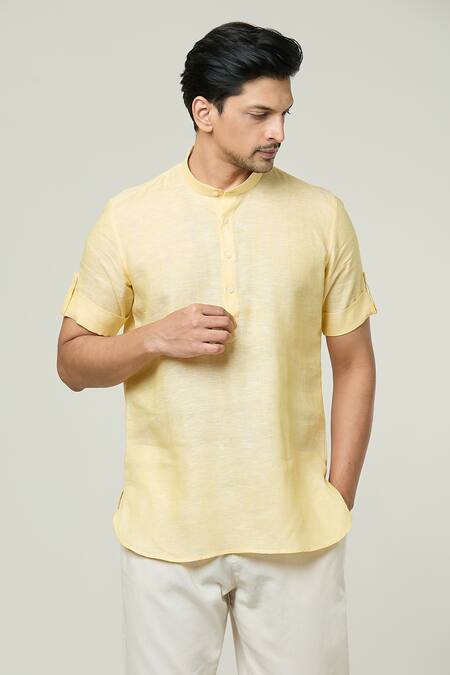 Shop_Arihant Rai Sinha_Yellow Linen Plain Kurta _Online_at_Aza_Fashions