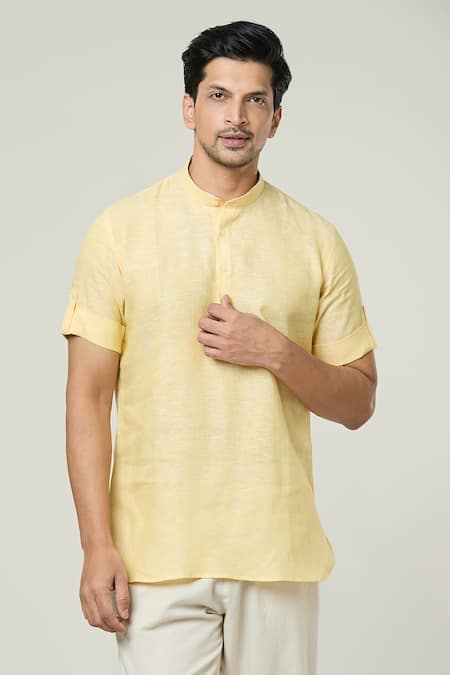 Arihant Rai Sinha_Yellow Linen Plain Kurta _at_Aza_Fashions