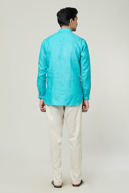 Shop_Arihant Rai Sinha_Blue Linen Full Sleeve Plain Kurta _at_Aza_Fashions