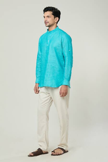 Arihant Rai Sinha_Blue Linen Full Sleeve Plain Kurta _Online_at_Aza_Fashions