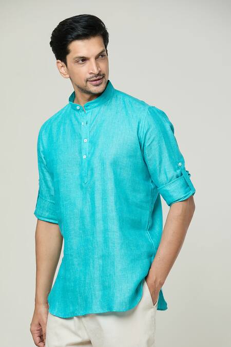 Shop_Arihant Rai Sinha_Blue Linen Full Sleeve Plain Kurta _Online_at_Aza_Fashions