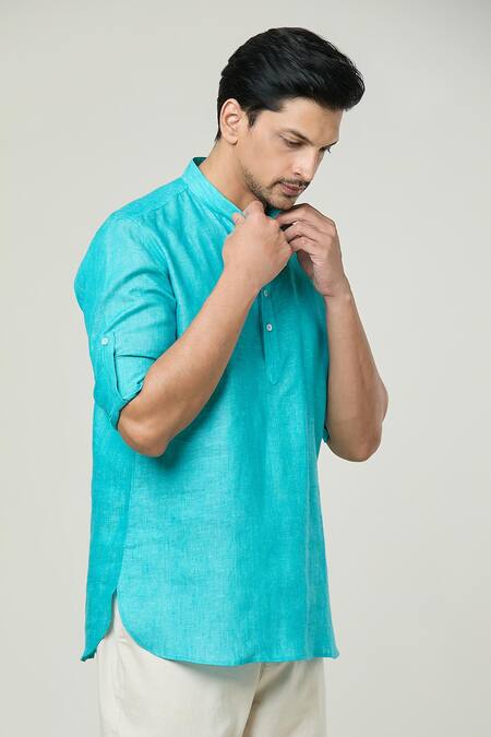 Arihant Rai Sinha_Blue Linen Full Sleeve Plain Kurta _at_Aza_Fashions